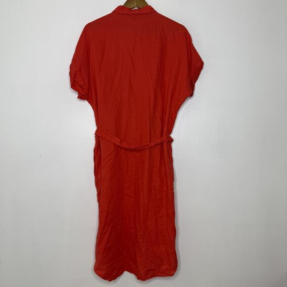 Ralph Lauren Dress Womens 14 Red Linen Belted Shirt Midi Collared Summer - Picture 5 of 7